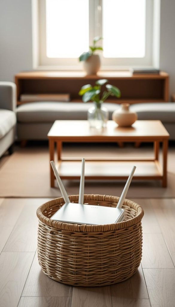 router inside decorative basket