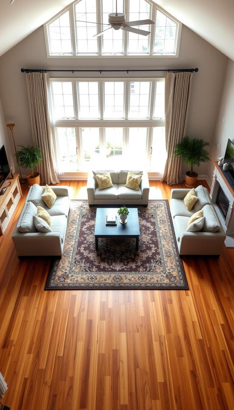 Living room rug size layout in relation to sofa, chairs and walking space