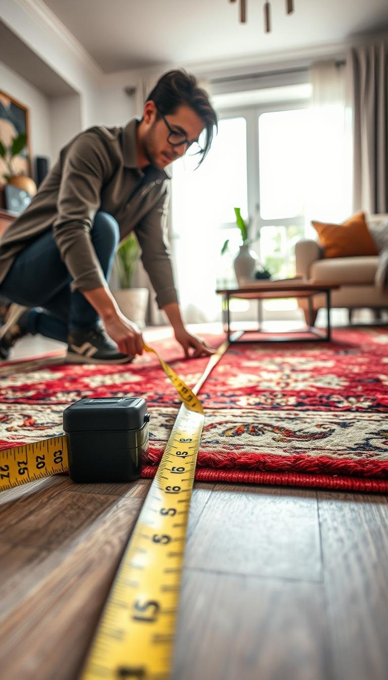 Area rug size being measured in relation to furniture