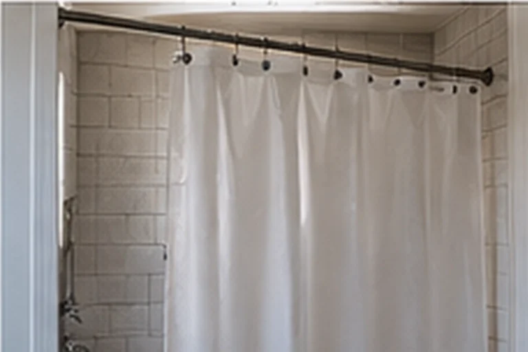 Light shower curtain liner pulling slightly inward inside a bathtub shower.