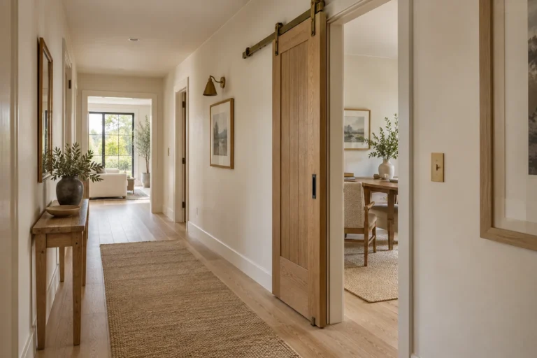 Sliding barn door planned along a narrow hallway with clear walking space and wall clearance