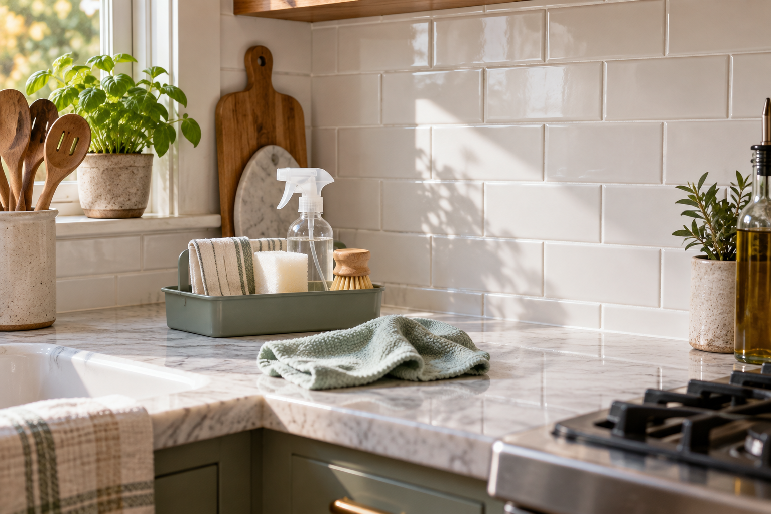 Kitchen backsplash with clean white grout and practical cleaning tools