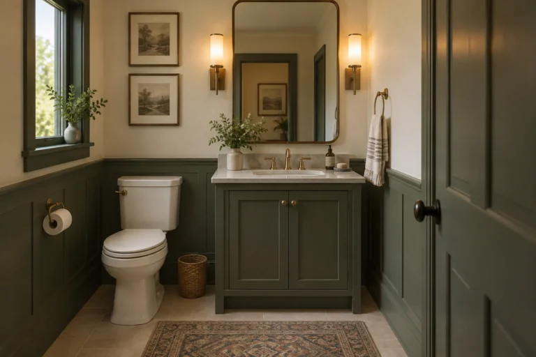 Tiny powder room using coordinated wall and trim color, mirror and layered lighting to feel more open