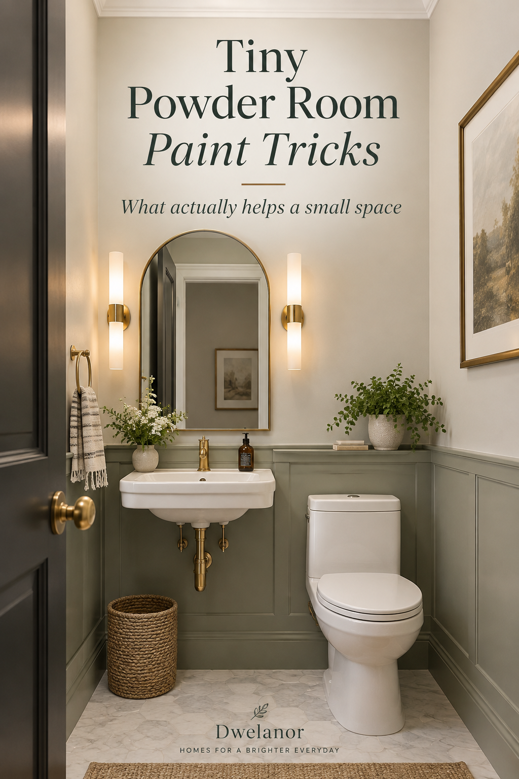 Pinterest graphic showing a tiny powder room with coordinated paint colors and Dwelanor branding