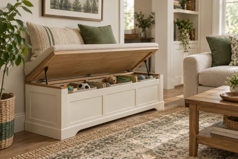 Sturdy storage bench with a controlled lid and removable toy bins in a warm family room