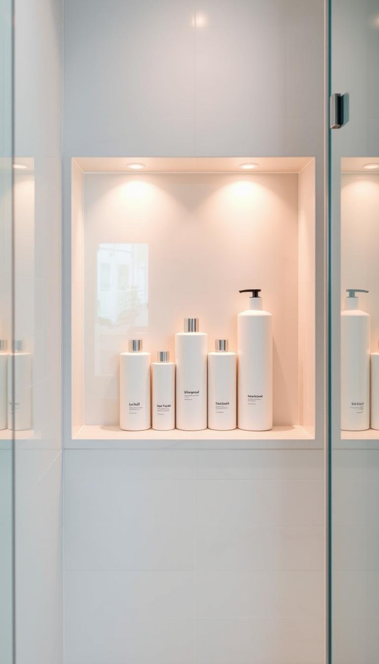 Tiled shower niche with practical shelves and organized bottles