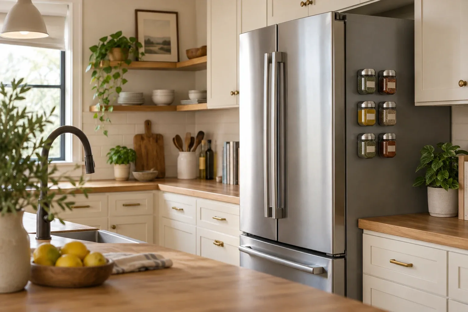 Magnetic spice jars arranged on the side of a refrigerator in a warm kitchen