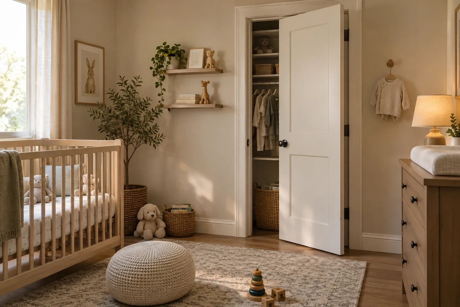Warm neutral nursery with a well-fitted hinged closet door slightly open