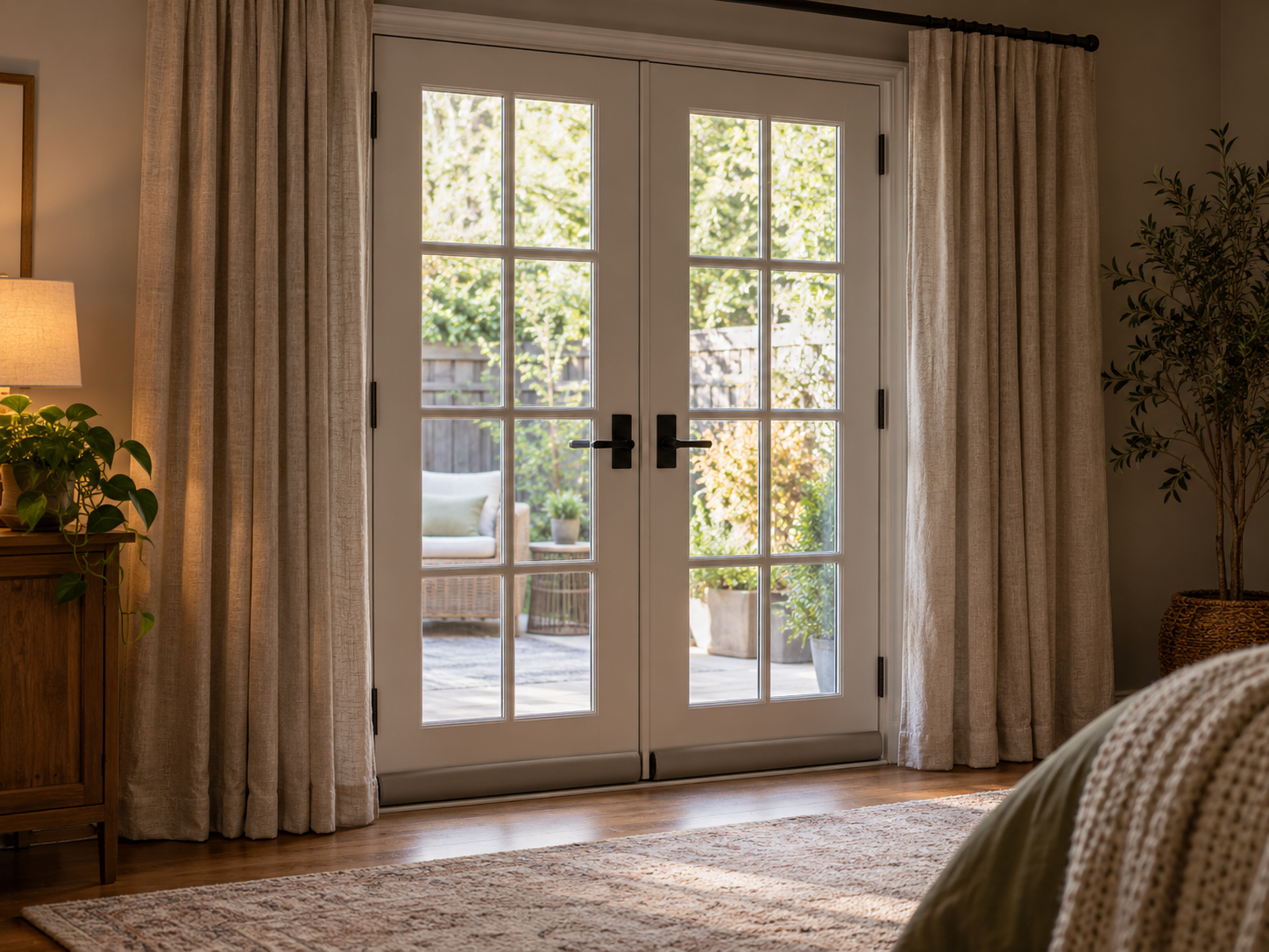 French doors in a calm interior with subtle removable sound-reduction measures and soft surrounding textiles