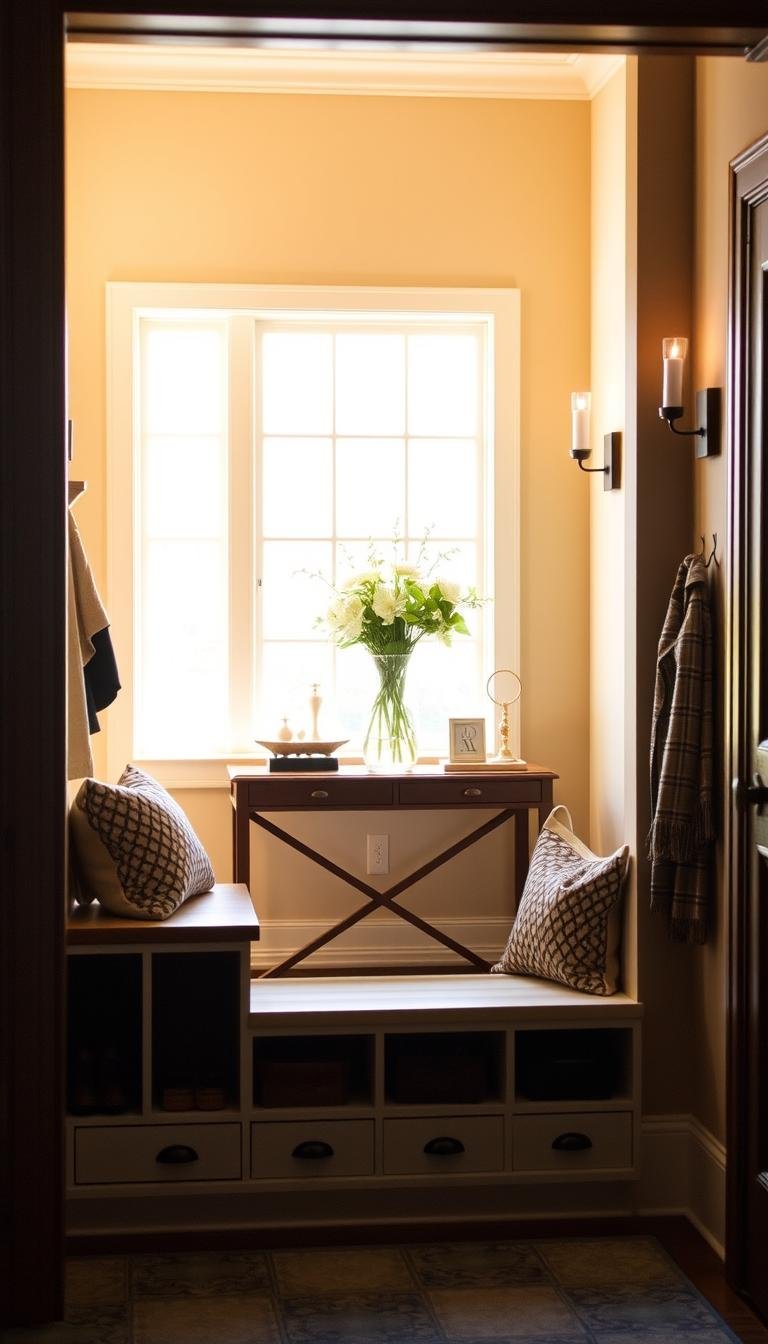 Compact entryway storage organized around everyday items