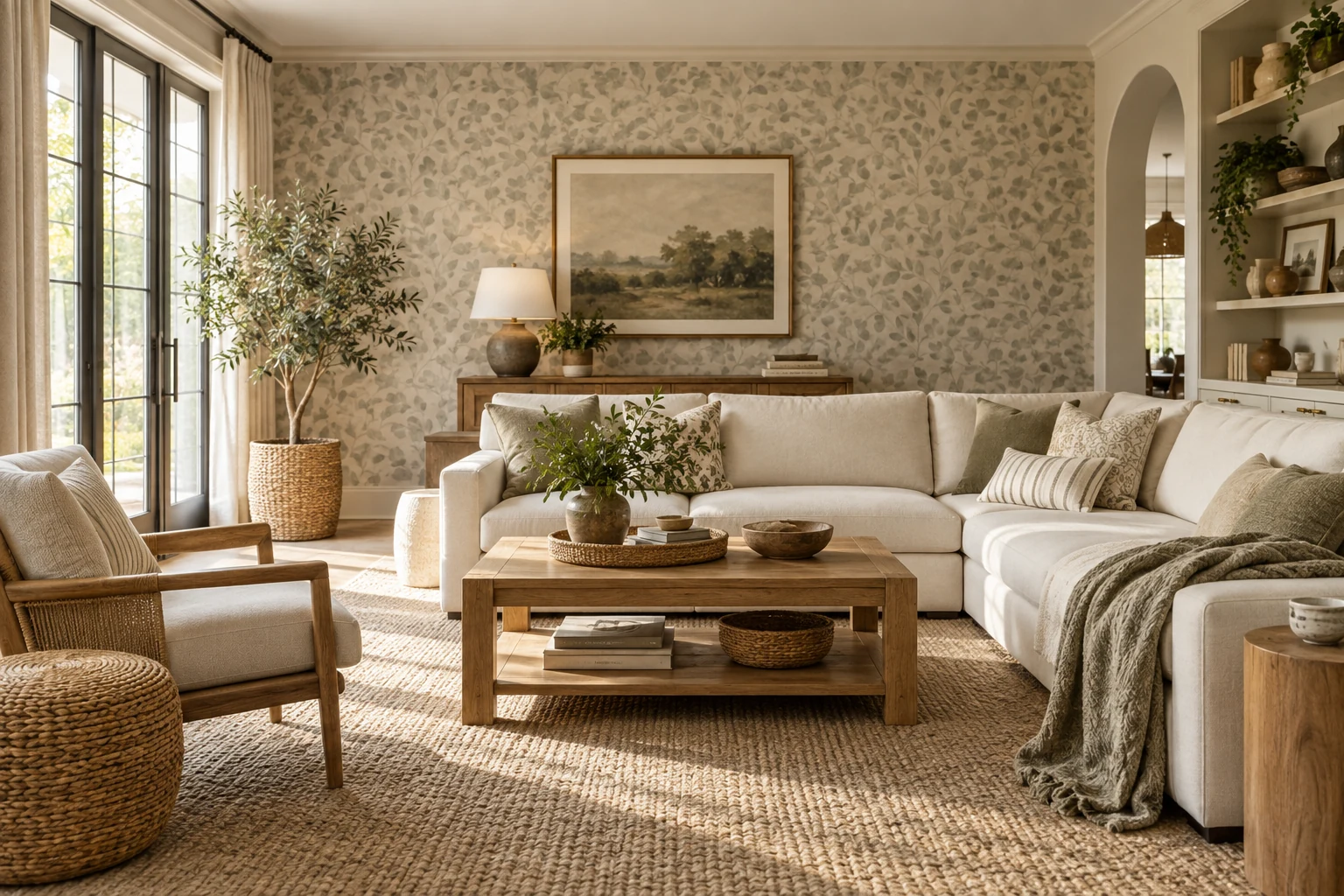 Family room wall with washable patterned wallpaper designed to make everyday marks less visually prominent