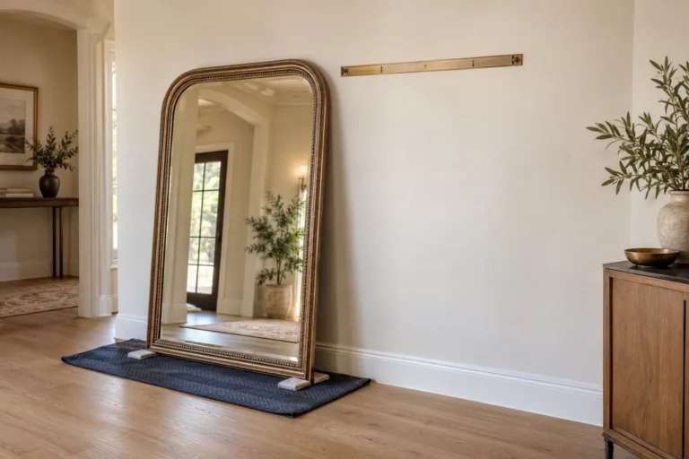 Large framed mirror being prepared for a verified wall mounting system with clear floor space and careful handling