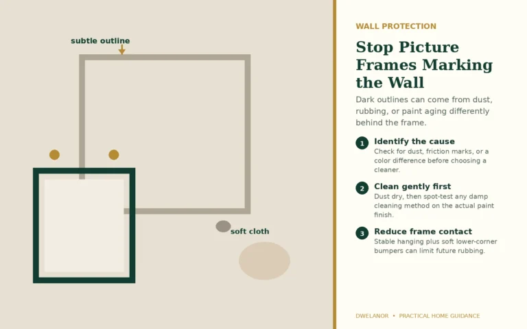 Visual guide to identifying wall marks, cleaning gently and reducing frame contact.