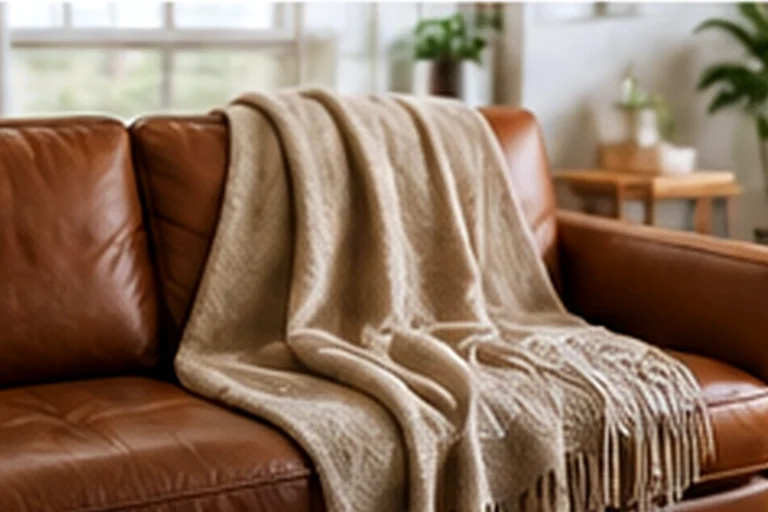 Textured cream throw draped securely over a warm brown leather sofa.