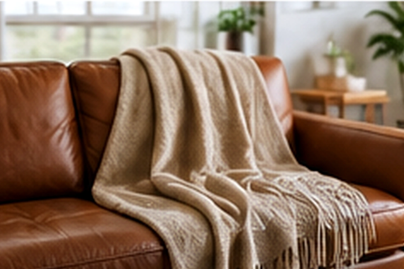 Textured cream throw draped securely over a warm brown leather sofa.