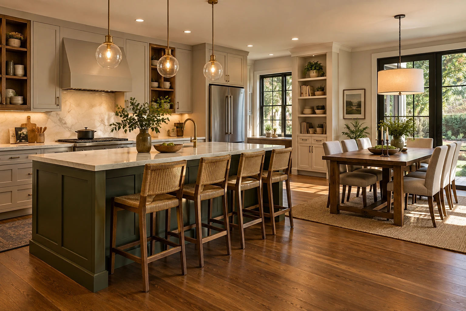 Open-plan kitchen and dining room with an island, pendant lighting, practical storage and warm seating