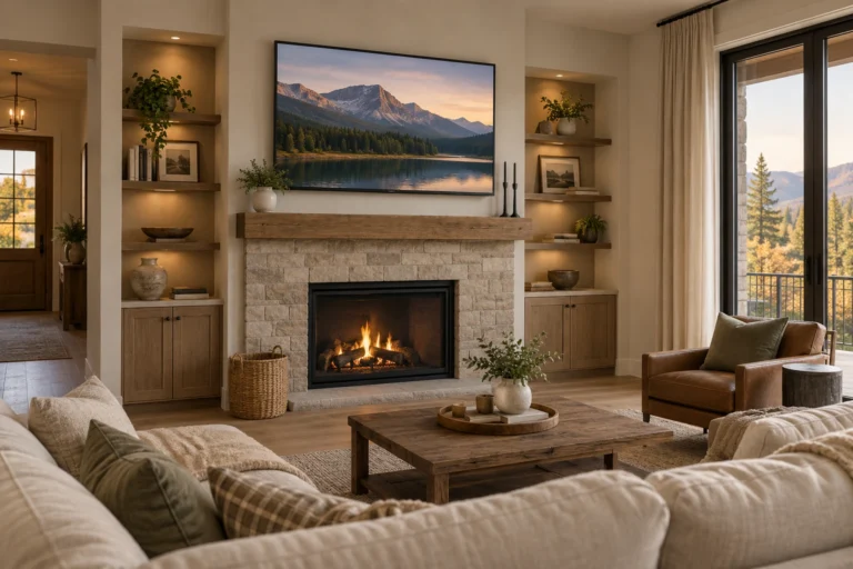 Living room with a 65-inch television mounted above a fireplace at a balanced height