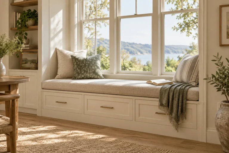 Built-in window seat with comfortable depth and storage drawers below