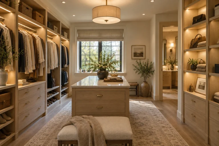 Warm walk-in closet with layered ambient, task and shelf lighting