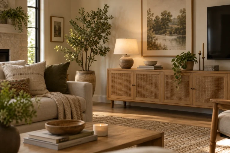 Warm living room with a vented media console used to conceal a Wi-Fi router discreetly