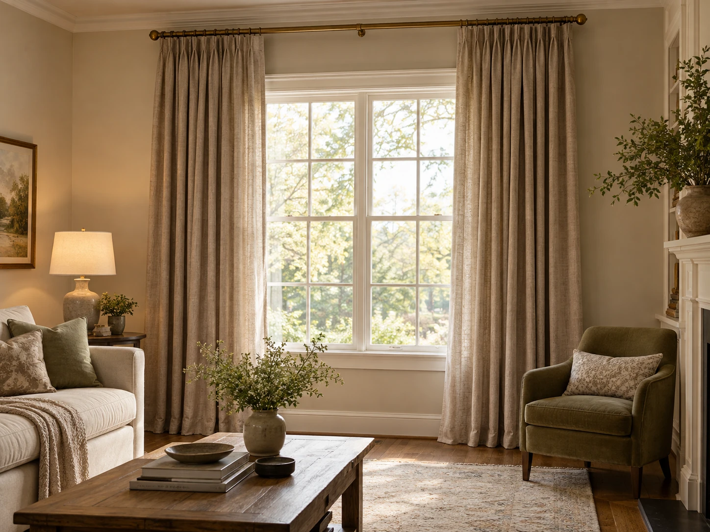 Full-length curtains mounted high and wide around a living room window with generous panel fullness