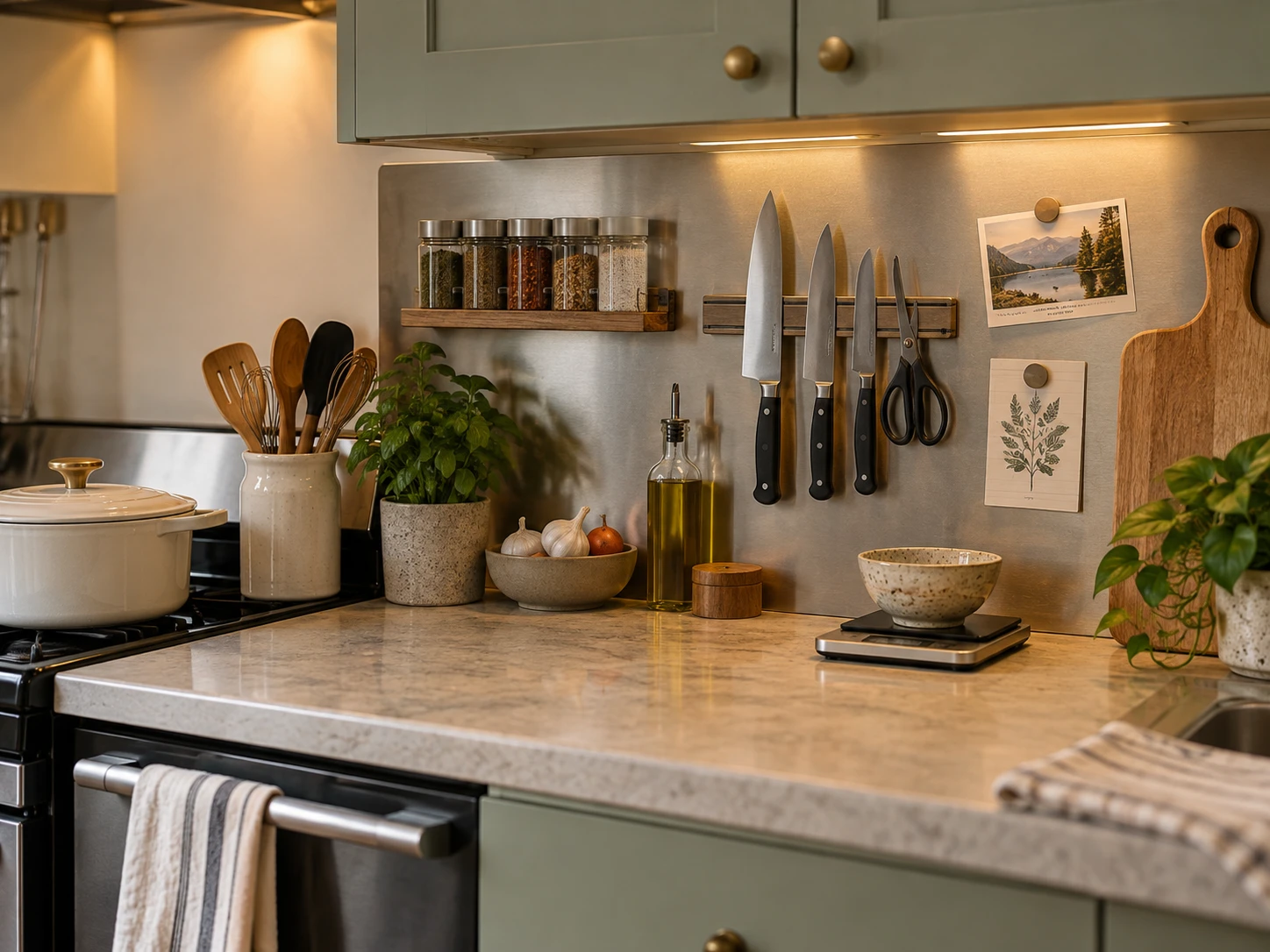 Kitchen work zone with a metal magnetic backsplash used for organized tools, spices and small notes
