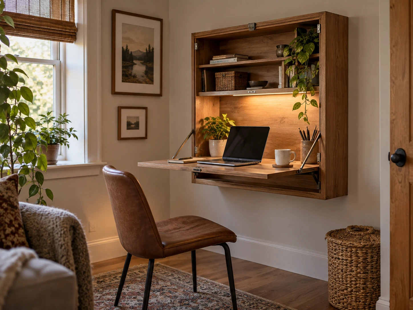 Wall-mounted fold-down desk integrated into a warm home office nook with shelving and task lighting