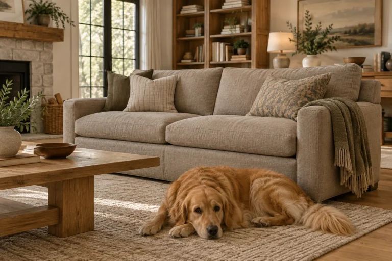 Golden retriever beside a textured warm neutral sofa that helps disguise light pet hair