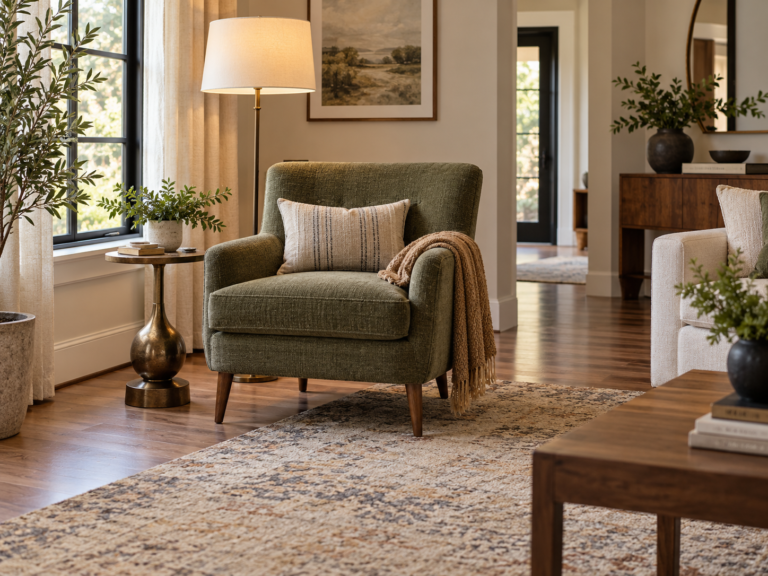 Accent chair in a living room showing its seat, arm, footprint and surrounding walking clearance