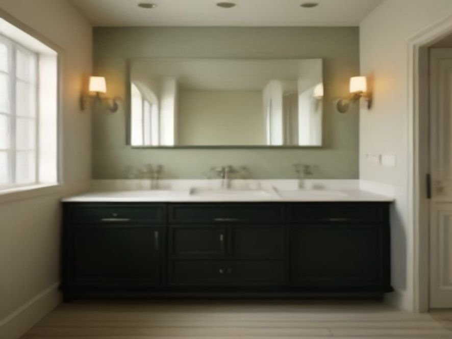 Bathroom vanity with a large mirror and balanced wall sconces at face level