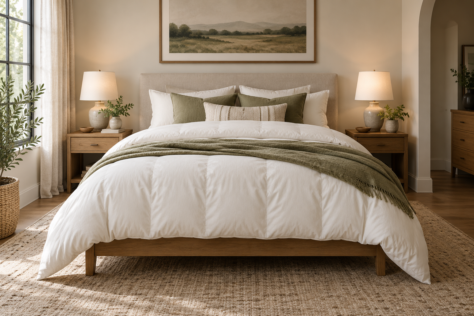 Bed with a lofty duvet and even overhang at sides and foot