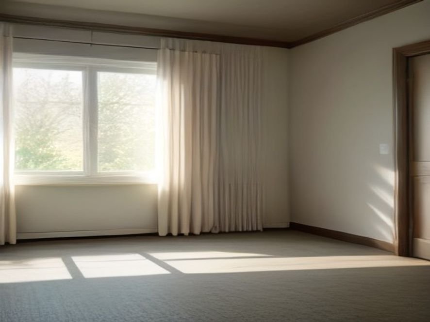 Bedroom curtains hung high with a tailored full-length hem lightly touching the floor