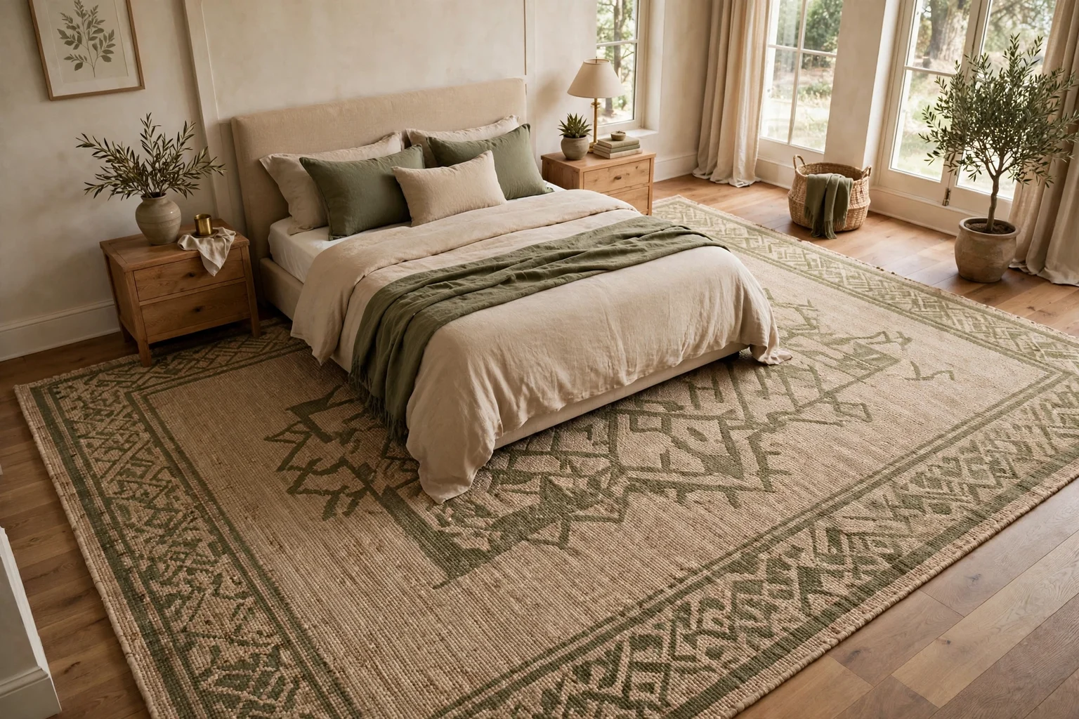 Bedroom rug extending evenly beyond both sides and foot of the bed