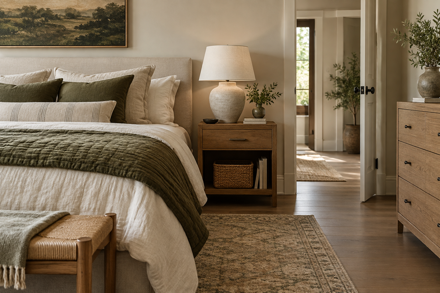 Bedroom showing nightstand height, lamp scale and bedside walking clearance