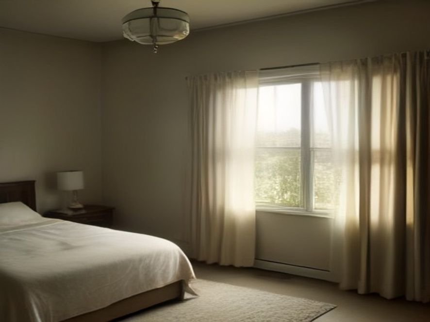 Bedroom window layered with a blackout shade behind full-length curtains
