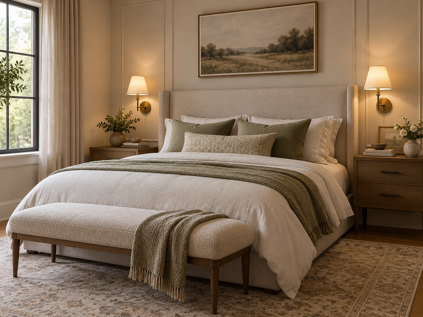 Bedroom with bedside wall sconces aligned for comfortable reading