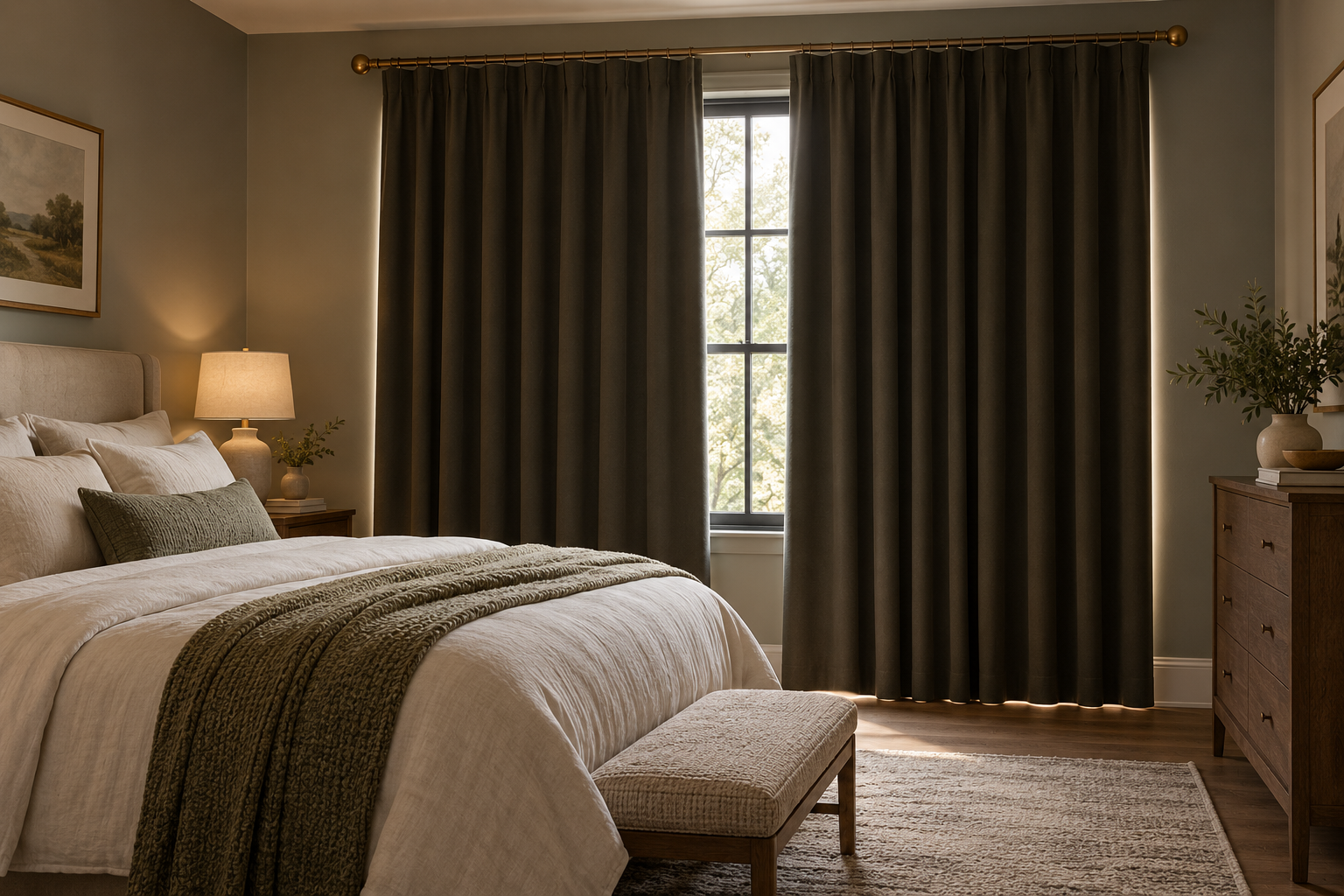 Bedroom with dark blackout curtains showing generous width and overlap around a central window