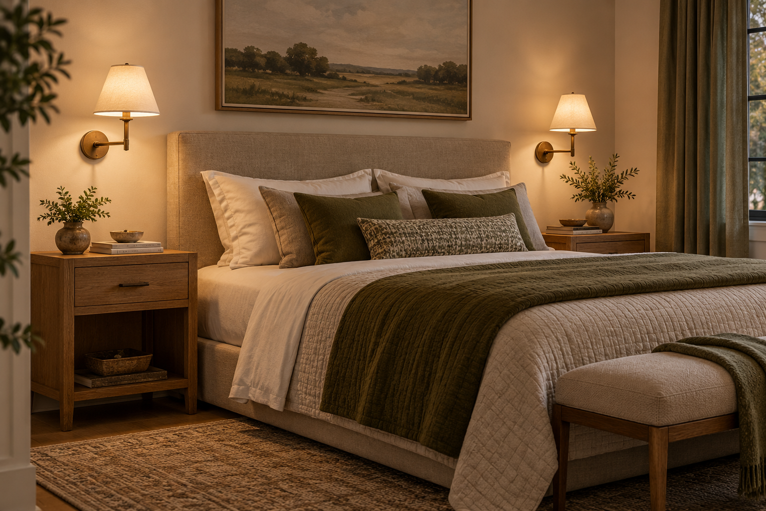 Wall-mounted bedside sconces positioned for reading and comfortable reach