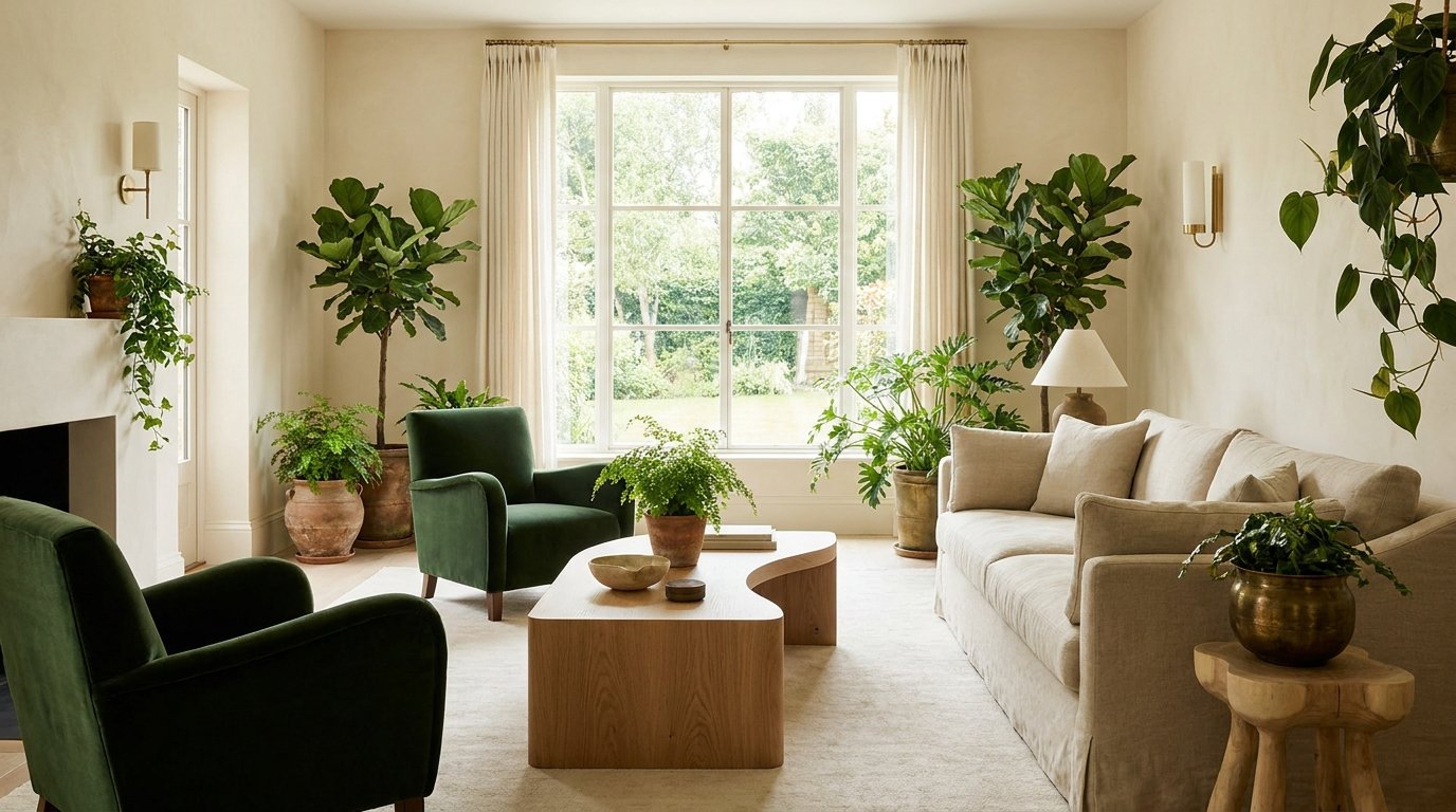 Biophilic living room with natural wood, warm ivory walls and restrained greenery