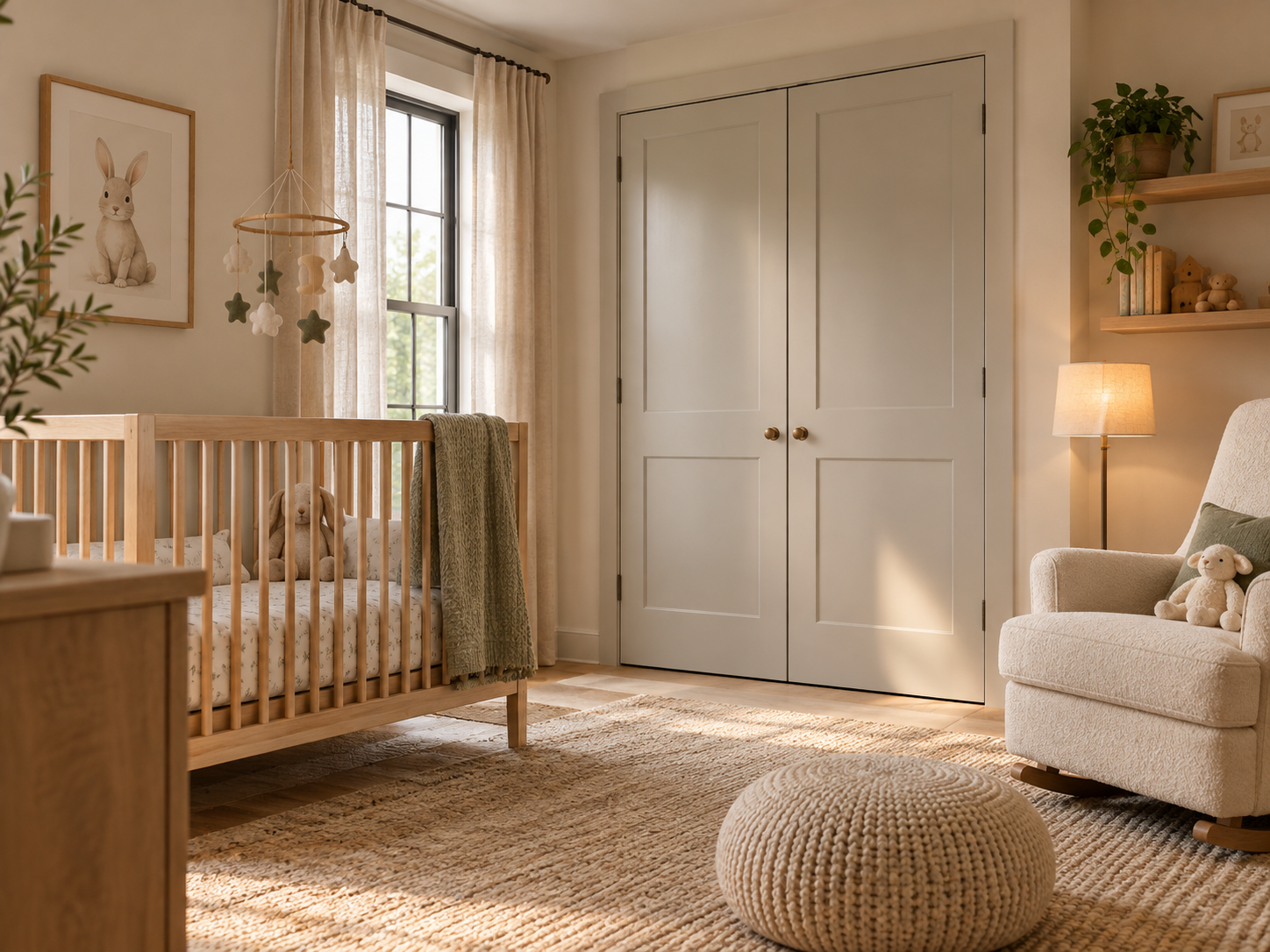 Calm nursery with well-fitted hinged closet doors and clear space between the crib and door swing