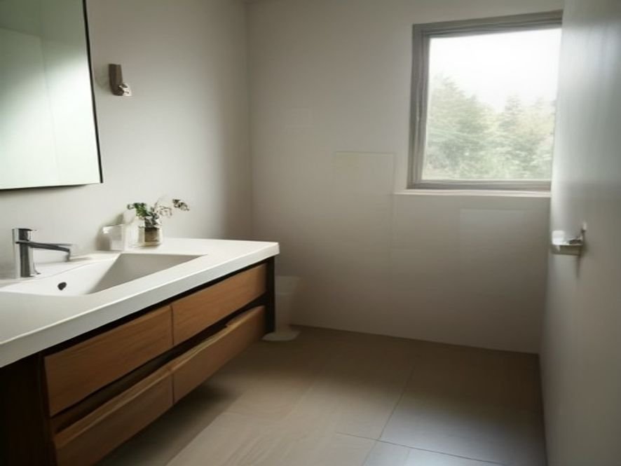 Compact bathroom with a floating wood vanity and clear floor space beneath