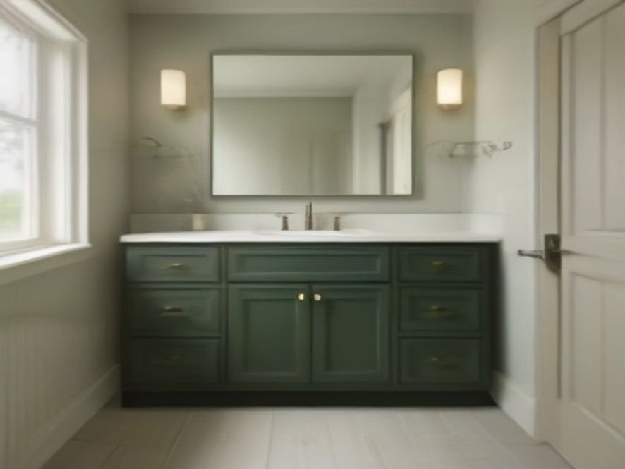 Compact bathroom with a single-sink vanity that preserves clear circulation to the shower and door