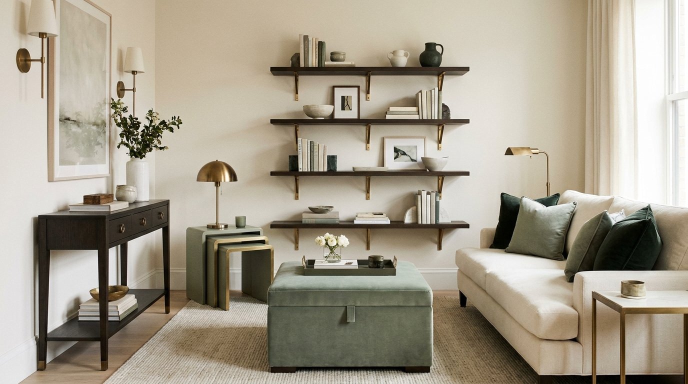 Warm living room with elegant space-saving furniture
