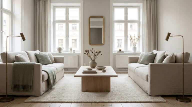 Cozy Scandinavian living room with pale oak, warm ivory textiles and soft sage accents