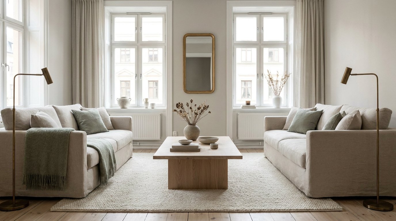 Cozy Scandinavian living room with pale oak, warm ivory textiles and soft sage accents