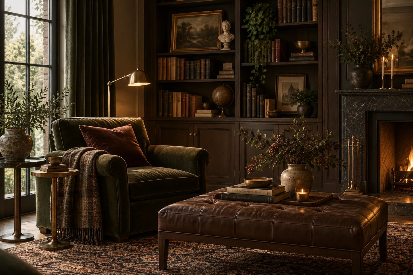 Dark academia reading room with built-in books, deep green upholstery and warm lamplight