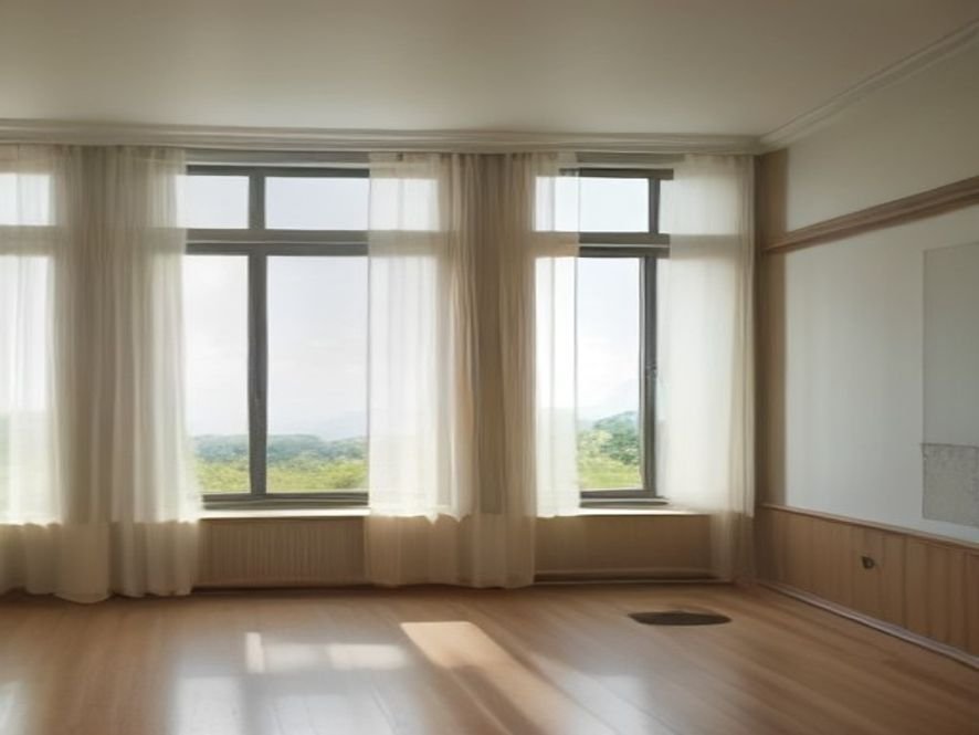 Curtain rod mounted high and extended beyond the window frame so open panels stack off the glass