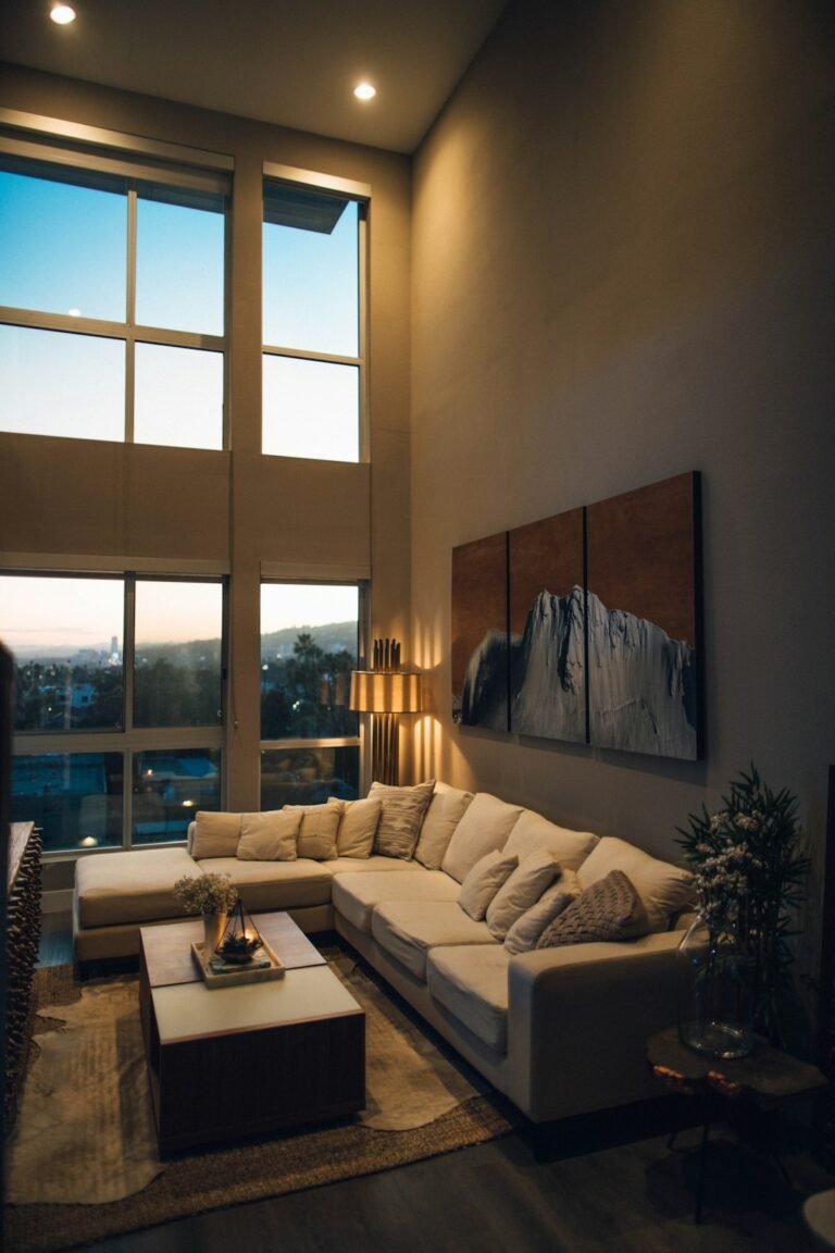 Dark living room with warm natural light and cozy seating