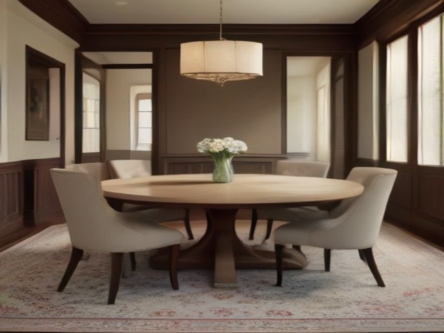 Dining room with an area rug large enough to support chairs when pulled out