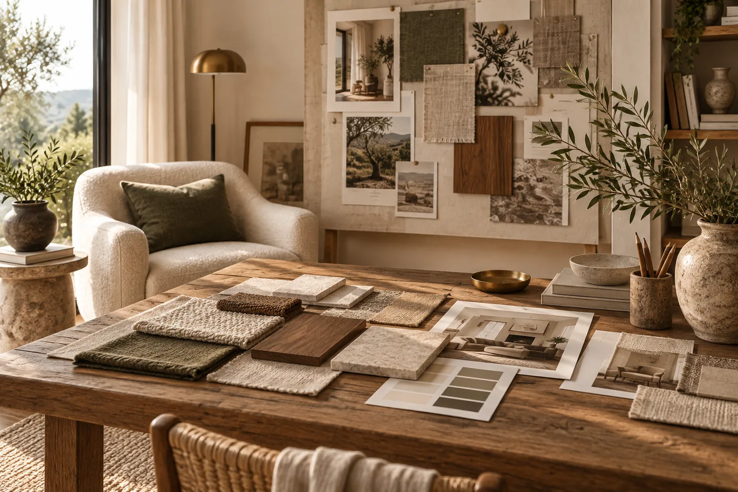 Interior design moodboard with warm neutrals, olive textiles, natural wood and material samples